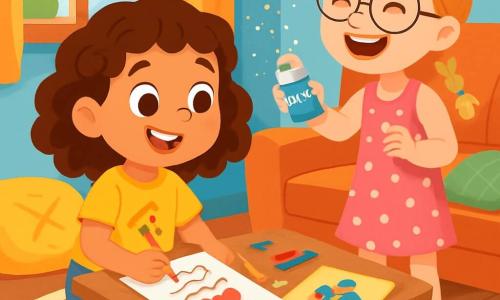 Há 2 personagens principais: - Malu: uma menina de 8 anos, com cabelos cacheados castanhos e olhos brilhantes. Ela usa uma camiseta amarela com um desenho de pizza e um short de jeans. Ela está sentada a uma pequena mesa, cercada por folhas coloridas. - Sofia: uma menina de 8 anos, com cabelos loiros trançados e óculos redondos. Ela usa um vestido rosa de bolinhas e sandálias. Ela está em pé ao lado de Malu, segurando uma lata de glitter e rindo. O local é uma sala de estar aconchegante, com paredes pintadas de azul claro. Há uma grande janela que deixa entrar a luz do sol, almofadas coloridas espalhadas sobre um tapete macio e uma mesa de madeira com folhas, lápis e decorações. A situação principal mostra Malu e Sofia preparando uma surpresa para o Dia dos Pais. Malu escreve um poema em uma folha, enquanto Sofia desenha uma capa de super-herói. Risadas e glitter flutuam ao redor delas, criando uma atmosfera alegre e criativa.