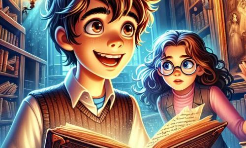 Um menino de 12 anos, Lucas, com cabelos castanhos bagunçados e olhos cheios de curiosidade, está no centro da imagem, segurando um velho livro empoeirado em uma mão e um pedaço de papel amarelado na outra. Seu rosto expressa excitação e deslumbramento, com um grande sorriso. Ao lado dele, sua melhor amiga Sofia, uma menina de 12 anos com cabelos longos e cacheados, usando óculos redondos, examina atentamente uma antiga pintura na parede, com um olhar concentrado. O ambiente é uma biblioteca antiga, com estantes de madeira escura cheias de livros coloridos, luz suave e cantos escuros onde a poeira dança nos raios de luz. Ao fundo, uma grande janela deixa entrar a luz do sol, revelando teias de aranha nos cantos. Lucas e Sofia estão em plena investigação, descobrindo um mistério escondido no livro e na pintura, cercados por uma atmosfera de aventura e curiosidade, prontos para resolver a enigma que os espera.