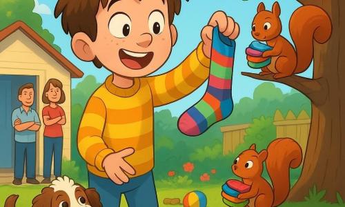 Eight-year-old Oliver, hair tousled and freckled, looks surprised and joyful as he reaches for a colorful sock; to his left Mr. Wiggles, a medium white-and-brown curly dog, wags and barks near a stump while Nutty the small red squirrel perches on a low oak branch holding a pile of multicolored socks and timidly looks at Oliver; in the sunny backyard the parents stand smiling in the doorway with arms crossed, a large treehouse, scattered toys, green lawn and bright flowers visible and a washing machine open on the porch; the scene depicts the joyful return of socks—flying striped and polka-dot socks, exaggerated expressions, saturated colors and sharp cel-shaded shadows.
