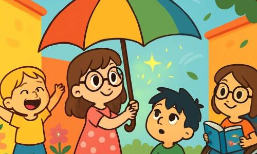 Sunt 4 copii: - Mara: o fetiță de 7 ani, cu părul brunet și ochelari rotunzi, poartă o rochie roz cu buline albe și ține o umbrelă mare colorată. Se află în centru, privindu-l cu curiozitate pe umbrela. - Cati: o fetiță de 6 ani, cu părul blond împletit, îmbrăcată cu un tricou galben și o pereche de pantaloni scurți albaștri, râde vesel lângă Mara, cu brațele deschise ca și cum ar vrea să prindă un nor. - Dodo: un băiat de 8 ani, cu părul negru zbârlit și un tricou verde, stă pe jos, cu ochii în stele, visând cu voce tare la călătorii fantastice. - Lia: o fetiță de 5 ani, cu părul castaniu și ochelari, stă într-un scaun cu rotile decorat cu autocolante colorate, zâmbește ținând o carte de povești, observându-și prietenii cu amuzament. Locul este o curte însorită, înconjurată de pereți vopsiți în culori vii, cu flori multicolore în ghivece. Norii pufoși plutesc pe un cer albastru deschis, iar o briză ușoară face să danseze frunzele copacilor din apropiere. Situația principală arată copiii pregătindu-se să deschidă umbrela magică, cu străluciri de lumină emanând din aceasta, în timp ce vântul începe să sufle ușor, creând o atmosferă de mister și excitație.