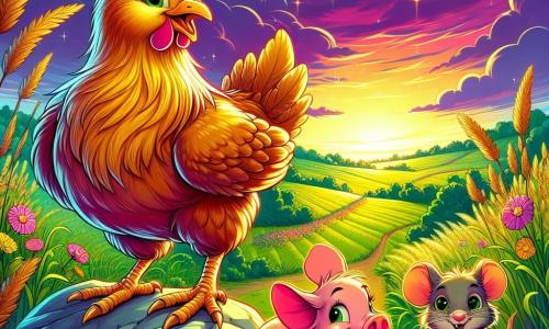 A hen named Penelope, with shiny golden feathers and sparkling curious eyes, proudly stands at the top of a green hill, the wind making her feathers dance. She wears a broad smile, overflowing with joy and pride. Beside her, a plump pig named Ferdinand, with pink skin and a worried look, stands on a rock, his legs trembling slightly as he admires the landscape. A little mouse named Matilda, with soft fur and round eyes, scurries through the tall grass, looking on in wonder. In the background, a twilight sky glows with pink and golden hues, while colorful wildflowers line the path leading to the hill. The scene captures the magical moment when Penelope and her friends discover the beauty of the world around them, celebrating their courage and friendship.