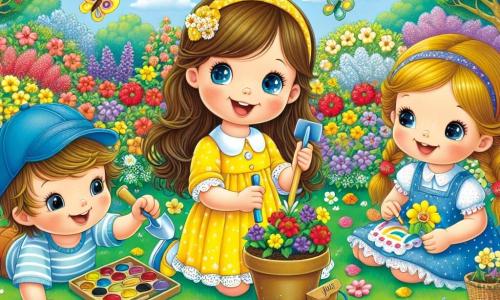 A 4-year-old girl named Lily, with long brown hair and sparkling eyes, is planting a seed in a sunny garden. She wears a lovely yellow dress that flutters around her as she crouches, a big smile lighting up her face. Next to her, Max, a 5-year-old boy with messy blonde hair and a blue cap, jumps with excitement holding a small shovel, ready to plant his own seed. Emma, another 4-year-old girl with red hair in braids, sits on the grass painting a beautiful picture of a colorful butterfly. She is slightly back but watches Lily and Max with an encouraging smile. The setting is a vibrant garden full of bright flowers in red, yellow, and purple. The sky is blue with fluffy white clouds, and butterflies flutter around the flowers, adding to the magic of spring. The main scene shows Lily, Max, and Emma, all joyful and engaged in planting flowers and creating art, celebrating the arrival of spring in a happy and friendly atmosphere.