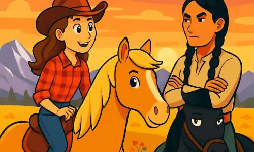 Eine 17-jährige Cowgirl namens Lila McCoy sitzt auf ihrem Pferd Stardust, einem wunderschönen Mustang mit goldenem Fell. Sie trägt einen Leder-Cowboyhut, ein kariertes rotes Hemd und eine abgenutzte Jeans. Ihr Gesicht zeigt lebhafte Neugier, während sie die Landschaft betrachtet. Neben ihr steht Mato, ein etwa 20-jähriger Cheyenne mit langen geflochtenen schwarzen Haaren und einem durchdringenden Blick, auf einem schwarzen Pferd mit verschränkten Armen und einem misstrauischen Ausdruck. Die Kulisse ist eine weite goldene Prärie, gesprenkelt mit bunten Wildblumen, im Hintergrund erheben sich majestätische silberne Berge, die im Sonnenuntergang funkeln. Der Himmel ist ein Mix aus Orange- und Violetttönen, der eine magische Atmosphäre schafft. Lila und Mato stehen sich auf ihren Pferden gegenüber, in einem Moment spürbarer Spannung, während sie sich darauf vorbereiten, Worte auszutauschen, um die Wahrheit hinter dem Verschwinden der Wiederkäuer zu entdecken.