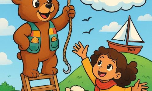 Barnaby Bear, a brown bear with sparkling eyes and a mischievous smile, is perched on a wooden ladder, holding a rope with a hook, looking determined and a bit amused. He wears a felt hat adorned with a small thimble and a colorful vest, with pockets full of cookies. Next to him, a little girl with curly hair and a red scarf, her eyes shining with excitement, stretches out her arms to catch a cloud feather floating nearby. A fluffy lamb named Cloudle stands at the bottom of the ladder, looking up at Barnaby with curiosity and a slight smile, as if waiting for an adventure. The scene takes place on a green hill dotted with colorful flowers, under a blue sky filled with fluffy clouds, with a small boat named Puff anchored at the top of the hill. Barnaby is trying to tie his boat to a cloud, while the wind plays with the children's hair and birds chirp joyfully around them.