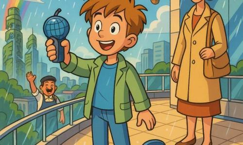An 8-year-old boy, smiling and amazed, holds a small globe-shaped recorder in his right hand; he wears a sky-blue T-shirt, a light pistachio jacket, light jeans and white sneakers, with a hoverboard beside him on a large panoramic terrace atop a futuristic tower; his mother (about 35), kind and proud, watches him from the nearby background on the terrace, and a jovial merchant, Mr. Gomez (about 50), stands lower in the distant city wearing a cap and apron and waves toward the terrace; the terrace has smooth light paving, a glass railing and hanging potted plants, while green skyscrapers and vertical gardens spread below under a partly cloudy sky; a light sparkling rain of round luminous drops falls, a vivid rainbow forms, and the boy records the sounds of the city as soft colorful light reflects on the buildings.