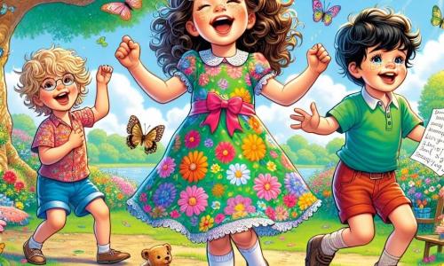 In a sunny garden, three friends stand under a large oak tree. Mia, a four-year-old girl with curly brown hair, wears a colorful dress with flower patterns and joyfully sings with her arms open, as if dancing with butterflies. Jake, a four-year-old boy with messy blonde hair, is next to her, making funny dance moves with a big smile, dressed in a blue t-shirt and red shorts. Sam, another four-year-old boy with straight black hair, stands a bit back, holding a piece of paper with his jokes written on it, looking focused yet happy, wearing a green shirt and beige pants. The garden is filled with colorful flowers, fluttering butterflies, and a lush green lawn, under a bright blue sky with fluffy white clouds. The three friends are preparing for their performance, showing confidence and joy in sharing their talents with loved ones.