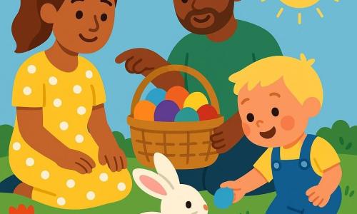 A joyful 2-year-old blond boy in a blue overall and white sneakers holds a small blue egg out to a fluffy white rabbit as his smiling parents watch in a sunny spring garden: the mother in a yellow polka-dot dress sits on the grass to the left, the father in a green T-shirt stands behind a large wicker basket of colorful eggs; green lawn, red tulips, white daisies and a light blue sky with a smiling yellow sun complete the peaceful Easter egg scene.
