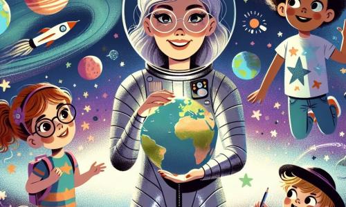In the center of the image, Astronaut Anna, a smiling woman in her thirties, wears a shiny silver spacesuit that sparkles under the starlight. Her eyes shine with excitement as she floats in space, holding a small globe in her hands with a big smile on her face. Next to her, Mia, an 8-year-old girl with curly hair and glasses, looks on in wonder. She is wearing a t-shirt with stars and holds a small notebook where she draws planets. In the background, Leo, a 7-year-old boy with blonde hair and a cap, also floats, holding a paper rocket model he made. He smiles at Anna, ready to ask her questions about space. The backdrop features a stunning starry sky with colorful planets and twinkling stars, while Earth appears as a beautiful blue and green sphere illuminated by the sun. The main scene shows Anna explaining the wonders of space to the children as they float together in a magical universe, surrounded by galaxies and constellations, sharing dreams of space adventures.