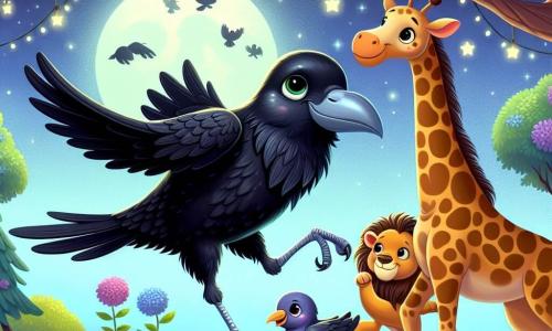Um corvo chamado Caco, com plumagem negra brilhante e olhos cheios de curiosidade, dança alegremente em um galho de árvore, com as asas abertas e um grande sorriso no bico. Ao seu lado, uma girafa chamada Gigi, com um longo pescoço manchado e olhos suaves, se estica para imitar os movimentos de Caco, enquanto um leão chamado Leo, com uma juba dourada e um olhar travesso, tenta dançar com passos cômicos, um pouco afastado. A cena acontece em uma floresta encantada, iluminada pela suave luz da lua, com árvores majestosas de folhas cintilantes e flores coloridas ao redor dos animais. Caco, Gigi e Leo se divertem juntos, compartilhando risadas e movimentos de dança sob o céu estrelado, criando uma atmosfera de alegria e amizade.