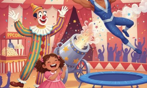 A wide‑eyed, smiling 2‑year‑old girl with brown curly hair in a pink ruffled dress and white shoes claps in the foreground while an adult clown (Max) with a round red nose and oversized striped costume waves to her from the left, and a blue‑and‑silver costumed cannon human (Mr. Cannon) with feathered brown hair is launched horizontally from a shiny chrome cannon with gold stars on the right, glitter and colored smoke bursting as he flies over a soft blue trampoline amid confetti and star-shaped sparkles, all under a red‑and‑white striped big top with yellow string lights, silhouetted colorful audience and popcorn and cotton‑candy stands in the background, in a joyful scene of saturated colors and rounded shapes suited for toddlers.