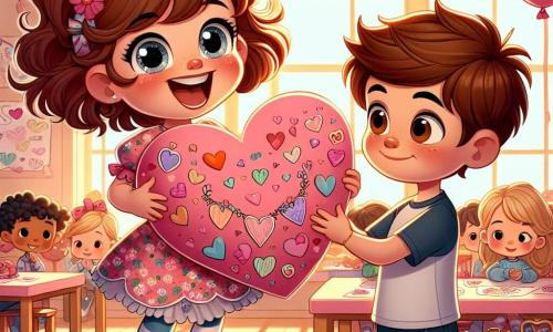 Una bambina di 6 anni, Sofia, con capelli ricci e occhi scintillanti, sorride felicemente mentre tiene un grande cuore di carta rosa decorato con disegni colorati. Indossa un vestito a fiori e collant a righe, e il suo viso esprime una gioia immensa. Accanto a lei, il suo amico Luca, un ragazzo di 6 anni con capelli castani e occhi marroni, guarda con meraviglia il cuore che Sofia gli ha regalato. Indossa una maglietta blu e pantaloni corti, e ha un grande sorriso sul volto, mostrando che è toccato da questo gesto. Sullo sfondo, si vede un'aula luminosa decorata con festoni di cuori e palloncini rosa, con finestre che lasciano entrare la luce del sole. I tavoli sono coperti di disegni e biscotti a forma di cuore, creando un'atmosfera festosa e accogliente. La scena principale mostra Sofia mentre dà il suo regalo a Luca, circondata dai loro compagni di classe che li guardano con espressioni di felicità e amicizia, celebrando insieme la magia di San Valentino.