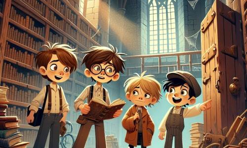 In een oude stoffige bibliotheek staan vier jonge onderzoekers bij elkaar. Tom, een 10-jarig jongetje met rommelig bruin haar en een bril, houdt een oud boek in zijn handen, zijn ogen stralen van opwinding. Rechts van hem maakt Lucas, een 9-jarig jongetje met blond haar en sproeten, aantekeningen in zijn kleine notitieboekje, geconcentreerd kijkend. Links staat Eva, een 10-jarig meisje met lang zwart haar, die een pet draagt en nieuwsgierig naar een oude kaart kijkt. Ten slotte glimlacht Max, een 8-jarig jongetje in een rolstoel, vrolijk en wijst naar een oude houten deur die mysterieus lijkt. De bibliotheek is enorm, met hoge plafonds, planken vol oude boeken en lichtstralen die door stoffige ramen vallen. Spinrag hangt in de hoeken en een geur van oud papier hangt in de lucht. De kinderen hebben zojuist een oude kaart in een oud boek ontdekt en staan op het punt een geheime kamer in de bibliotheek te verkennen, waar ze hopen de legendarische Klaverdiamant te vinden. Op hun gezichten zijn opwinding en avontuur te lezen terwijl ze zich voorbereiden om het mysterie dat hen omringt te ontrafelen.
