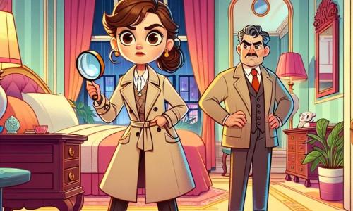 Een vrouwelijke detective, genaamd Nora, staat in het midden van de scène met een vastberaden en nieuwsgierige blik op haar gezicht. Ze heeft bruin haar in een knot, draagt een beige trenchcoat en houdt een vergrootglas in haar rechterhand. Naast haar kijkt de hotelmanager, een man van ongeveer 50 jaar met grijs haar en een rode stropdas, nerveus om zich heen. Hij staat bij de deur van kamer 312 met zijn handen op zijn heupen. De scène speelt zich af in een elegante hotelkamer met pastelgekleurde muren, een groot hemelbed en een omgevallen tafel met gebroken vaasstukken op de vloer. Een grote versierde spiegel weerkaatst het gedimde licht van de kamer, terwijl een fluwelen gordijn iets openstaat, waardoor de regen die buiten valt zichtbaar is. Nora onderzoekt aandachtig de vloer, waar modderige voetafdrukken liggen, terwijl een mysterieuze brief op de tafel ligt. De sfeer is gespannen, vol mysterie en opwinding, terwijl Nora zich voorbereidt om het mysterie van het verdwenen schilderij op te lossen.