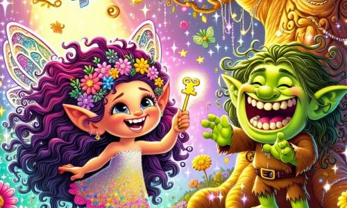Al centro dell'immagine, Felicia, una piccola fata con ali scintillanti e colorate, vola allegramente nell'aria. I suoi capelli sono lunghi e ricci, di un viola brillante, e indossa un vestito fatto di petali di fiori multicolori. Il suo viso irradia felicità mentre tiene in mano una chiave magica brillante, pronta a liberare il suo amico. Accanto a lei, il Troll delle Risate, un grande troll dalla pelle verdastra e dal sorriso ampio, è in piedi. Ha occhi scintillanti di malizia e capelli disordinati, simili a alghe. Ride di cuore, con le braccia aperte, pronto a celebrare la sua libertà. Sullo sfondo, un maestoso albero con foglie dorate e argentate si erge, con un volto sorridente scolpito nel tronco. Fiori colorati circondano il terreno, e un ruscello scintillante serpeggia attraverso la scena, aggiungendo un tocco di magia. La scena principale mostra Felicia mentre inserisce la chiave nella serratura di una grande gabbia di ferro ornata di motivi floreali. Il troll, tutto eccitato, è pronto a volare, mentre l'albero e i fiori sembrano applaudire a questa bella amicizia che si forma nel boschetto incantato.