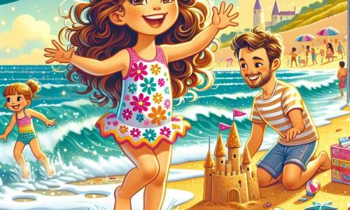 Una bambina di 4 anni, Sofia, con lunghi capelli ricci e un grande sorriso, sta saltando felicemente tra le onde del mare. Indossa un costume da bagno colorato con motivi floreali e occhiali da sole rosa, con le braccia alzate in segno di gioia. Accanto a lei, la mamma, una donna trentenne con capelli castani raccolti in uno chignon, sorride tenendo un ombrellone colorato, guardando la figlia con affetto. Un po' più in là, il papà, un uomo trentenne con una leggera barba e una maglietta a righe, è accovacciato mentre modella un castello di sabbia con torri e bandierine di carta. Il posto è una spiaggia soleggiata, con sabbia dorata che brilla al sole, conchiglie sparse e onde che si infrangono dolcemente sulla riva. Sullo sfondo si vedono ombrelloni colorati e famiglie che si divertono. La scena principale mostra Sofia che si diverte in acqua, ridendo, mentre i genitori la incoraggiano e partecipano alla costruzione di un magnifico castello di sabbia, creando un'immagine di felicità familiare e avventura estiva.
