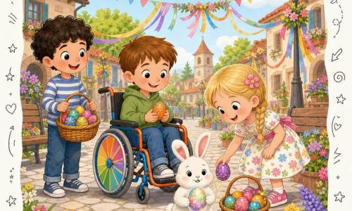 Cuatro personajes: Lucas, niño de unos 7 años, pelo castaño corto, sonriente, en una silla de ruedas colorida centro-izquierda mostrando un huevo de Pascua naranja brillante; Clara, niña de unos 6 años, rubia con trenzas y vestido de flores, a la derecha de Lucas dejando un huevo pintado; Mateo, niño de unos 8 años, pelo negro rizado y camiseta a rayas, a la izquierda riendo y con una cesta de huevos; y un pequeño conejito blanco delante, centro, ofreciendo un huevo mágico brillante. Escena en una plaza adoquinada del pueblo con guirnaldas, flores primaverales, bancos, luz suave y cielo azul con nubes estilo doodle; los niños y el conejo reparten huevos de Pascua coloridos, ambiente alegre, colores vivos y detalles doodle (huevos, estrellas y corazones).