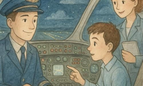 Uomo pilota di circa 35 anni, viso calmo e sorridente, occhi vivaci, cappellino da pilota, giacca blu, mano sulla manetta nel cockpit; copilota uomo di circa 28 anni, capelli corti, sguardo attento verso gli strumenti, seduto a destra e indicando un piccolo schermo; hostess di circa 30 anni, capelli curati, sorriso dolce, in piedi dietro la porta del cockpit con un taccuino, che guarda il pilota; cockpit dettagliato con pannelli luminosi verdi e rossi, pulsanti rotondi, schermi con carte, leve metalliche e grandi finestre arrotondate; fuori notte stellata con pista lontana illuminata da linee gialle e bianche e nuvole morbide in blu profondo e riflessi argentati; situazione: aereo che vola tranquillo di notte, equipaggio che prepara l'atterraggio con calma e lavoro di squadra, atmosfera rassicurante e calda.