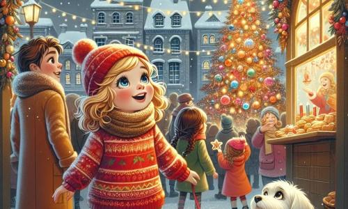 An 11-year-old girl named Lily stands at the center of the scene, with curly golden hair cascading over her shoulders. She wears a bright red sweater and a knitted scarf, her face lit up by a big smile of wonder as she admires a huge Christmas tree adorned with sparkling garlands and colorful ornaments. Next to her, a 6-year-old boy named Max, with rosy cheeks and a slightly askew red hat, also gazes at the tree with sparkling eyes of excitement, holding a star-shaped cookie in his hand. A bit further away, an 8-year-old girl named Emma, with brown hair in braids, approaches with her white dog, Coco, who pulls on the leash, eager to play. The setting is the Frosty Hollow Christmas market, filled with colorful stalls, twinkling lights, and softly falling snowflakes, creating a magical and festive atmosphere. Laughter and singing surround them, adding to the joyful ambiance. The main scene shows Lily, Max, and Emma gathered around the tree, sharing a moment of happiness and friendship, with mugs of hot chocolate in hand, ready to sing Christmas carols together under the sparkling lights.