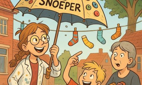 Lina, een jonge uitvindster, glimlachend en guitig, lichtbruin haar in een rommelige vlecht, ronde bril, verf- en lijmvlekken op haar schort, houdt een grote zelfgemaakte paraplu "De Snoeper" met kleurrijke knopen en een klein muziekdoosje open alsof ze iets uit de lucht vangt; links van haar een ongeveer 8-jarige jongen met blonde ruige haren en een ijsje wijst lachend naar de paraplu bij een waslijn, rechts een buurvrouw Noor, ongeveer 40, kort grijs haar en eenvoudige kleding, houdt een stapel verschillende sokken en kijkt verbaasd; op de voorgrond de kleine oranje kat Bol op een houten kist met opgerolde staart kijkt nieuwsgierig; het dorpsplein met zachte zon, rode bakstenen huizen, wapperende kleurrijke sokken aan waslijnen, een grote linde en geplaveide straat vormen de achtergrond terwijl de muzikale paraplu sokken aantrekt die als parachutes omlaag zweven naar Lina, de dorpelingen tonen verrassing en vreugde, warme sfeer, felle kleuren en licht karikaturale lijnen.