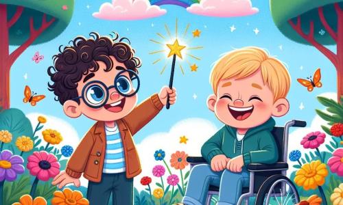 Ci sono due personaggi principali: Leo, un ragazzo di 8 anni con capelli ricci e un grande paio di occhiali rotondi, che tiene in mano una bacchetta magica scintillante. Accanto a lui c'è Max, un ragazzo di 7 anni con capelli corti e biondi, seduto su una sedia a rotelle, con un grande sorriso sul volto. Si trovano in un giardino incantato, pieno di fiori multicolori che danzano al vento, con alberi maestosi dalle foglie brillanti. Sopra di loro, una nuvola rosa soffice fluttua in un cielo blu splendente, punteggiato da uccelli canterini. In questa scena, Leo agita la sua bacchetta magica, provocando un'esplosione di colori che trasforma i fiori in blu vivace, mentre Max, ridendo, osserva i fiori cambiare colore con meraviglia.