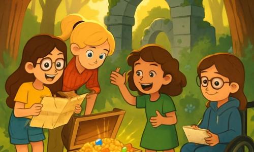 There are four children: Mia, a 10-year-old girl with long brown hair and round glasses, wearing a yellow t-shirt and denim shorts, holding a treasure map with excited eyes; Sarah, an 11-year-old girl with straight blonde hair in a ponytail, wearing a red plaid shirt and cargo pants, leaning over the map to examine the details; Emma, a 10-year-old girl with curly brown hair, dressed in a green dress and rubber boots, making an enthusiastic gesture as if telling a story, with a big smile on her face; and Lila, an 11-year-old girl in a wheelchair with brown hair and glasses, wearing a blue hoodie and jeans, sitting by a tree, holding a sketchbook and drawing the scene. The main setting is an enchanted clearing in a dense forest, surrounded by large, gnarled trees filtering sunlight into golden rays. At the center, an ancient stone ruin covered in moss and wildflowers adds mystery to the atmosphere. The main situation shows the four friends discovering hidden treasure in the ruin, with expressions of surprise and wonder on their faces, surrounded by sparkling gold coins and colorful jewels, as a gentle ray of light illuminates the scene, creating a magical and adventurous ambiance.