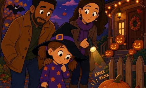 A curious, shy 4-year-old girl with a round face and light brown pigtails smiles while wearing a small crooked black witch hat, a purple starry dress, and holding a white candy bucket with a smiling ghost; her father (about 35) with a short beard and warm amused expression stands behind her left with a hand on her shoulder in a brown autumn coat, and her mother (about 33) with long tied hair and a reassuring smile stands slightly to the right holding a warm flashlight. The scene is nighttime in front of a house with a wooden fence, carved pumpkins on the porch, orange string lights, paper bats in the trees, falling red, orange and yellow leaves, and a pale yellow moon with pink clouds; the girl tilts her head listening attentively to a small 