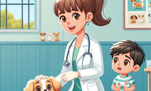 Scena o arată pe Dr. Ana, o femeie veterinar zâmbitoare de aproximativ treize ani, cu părul castaniu prins într-o coadă de cal. Ea poartă un halat alb și mănuși de latex, examinând cu blândețe o cățelușă numită Bella, cu blană aurie și ochi strălucitori. Dr. Ana are o expresie de concentrare și bunătate. Lângă ea se află Luca, un băiat de 8 ani, cu părul brun ciufulit, purtând un tricou albastru cu un model de animale. El o privește cu uimire pe Bella, ținând în mâini un morcov, pregătit să i-l ofere. Ilustrația se desfășoară într-un cabinet veterinar călduros, cu pereți vopsiți în verde pastel, postere cu animale și jucării pentru animale împrăștiate pe podea. O fereastră lasă să intre lumina soarelui, iluminând încăperea. Situația principală o arată pe Dr. Ana liniștind-o pe Bella, în timp ce Luca se apropie cu blândețe, pregătit să ofere morcovul cățelușei, creând astfel un moment de tandrețe și conexiune între ei.