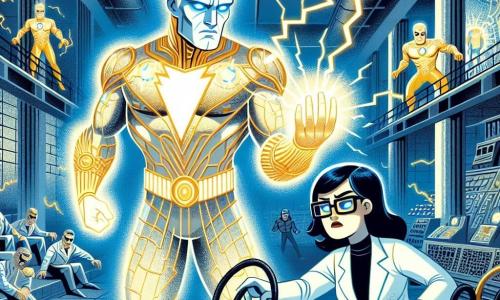 The main character, **Captain Radiance**, is a tall, muscular man with bright blue eyes and hair that sparkles like the setting sun. He wears a shining gold and silver suit, illuminated by flashes of light, and has a determined expression, ready to face danger. He is channeling his light energy, creating beams of light that illuminate the scene around him. 

Next to him is **Tessa Lin**, a young woman in her 30s with black hair and scientist glasses. She is focused, manipulating a complex technological device, her brow furrowed with the intensity of her work. She stands right next to Captain Radiance, ready to assist him. 

The scene takes place in a vast underground chamber filled with strange machines and electrical cables, where the city's energy core pulses chaotically. The walls are made of raw concrete, and shadows dance around them, creating a mysterious and tense atmosphere. 

The main situation shows Captain Radiance and Tessa Lin in action, fighting against the members of the Shadow Syndicate who are trying to sabotage the city's energy. Flashes of light and shadows intertwine in an epic battle, illustrating the fight between good and evil.