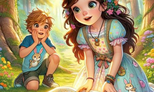 A 12-year-old girl named Lily stands at the center of the scene, her eyes shining with curiosity and wonder. She has long brown hair braided with colorful flowers and wears a pastel dress adorned with bunny and Easter egg patterns. She is crouched down, holding an old book open in her hands, captivated by a mysterious map emerging from it. Next to her, her 7-year-old brother Max, with messy blond hair, eagerly looks over her shoulder. He wears a blue t-shirt with a bunny design and shorts, his eyes sparkling with excitement, ready to discover hidden treasure. The setting is an enchanted clearing surrounded by tall, gnarled trees covered in flowering vines. Sunlight filters through the leaves, illuminating colorful wildflowers that dance gently in the breeze. In the center of the clearing, a large ancient rock is decorated with mysterious engravings, adding a touch of magic to the environment. The main scene shows Lily and Max discovering a secret passage in the rock, with a bright light emanating from within, revealing a world of treasures and magic. They are about to embark on this new adventure, their faces lit up with excitement and curiosity.