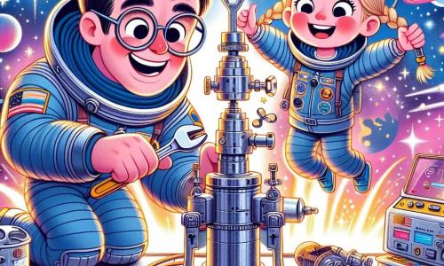 Tito, un hombre de cabello castaño y gafas redondas, está reparando una estación espacial. Lleva un traje espacial azul y muestra una gran sonrisa, reflejando su determinación y alegría por cumplir su misión. Cerca de él, una niña llamada Luna, de unos 8 años, observa con asombro. Tiene el cabello rubio trenzado y lleva un traje espacial rosa. Sostiene una pequeña herramienta y parece lista para ayudar a Tito. La escena se desarrolla en la inmensidad del espacio, con estrellas brillantes de fondo y planetas coloridos flotando alrededor de la estación espacial. La estación, de metal plateado, está rodeada de cables y herramientas dispersas, creando una atmósfera de trabajo dinámica. Tito utiliza su llave mágica para reparar un panel de control de la estación, mientras que Luna, llena de entusiasmo, le pasa una herramienta. La imagen captura el espíritu de aventura y camaradería en el fascinante universo del viaje espacial.