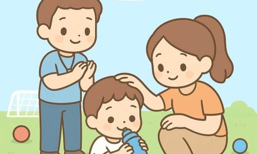 Um menino de 4 anos, feliz e sereno, cabelos castanhos curtos, bochechas redondas e um grande sorriso tímido, sentado na relva verde a beber numa pequena garrafa azul; a mãe, cerca de 30–35 anos, cabelo castanho preso em rabo de cavalo, agachada à direita com a mão na cabeça dele e expressão ternurenta; o treinador Rui, cerca de 40 anos, magro, apito ao pescoço, em pé um pouco atrás à esquerda a bater palmas suavemente e sorrindo; o amigo Tiago, cerca de 5 anos, loiro, em pé atrás da bola segurando uma pequena bola colorida e olhando com benevolência para Tomás; campo de relva verde vivo com linhas brancas, um pequeno golo branco ao fundo, bolas multicoloridas espalhadas, céu azul claro com nuvens fofas; pausa após o jogo, ambiente calmo e acolhedor, luz suave de fim da tarde, cores pastel, traços simples e formas arredondadas, composição centrada no menino sentado e quem o rodeia.