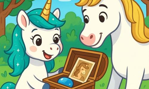 In an enchanted forest, a small unicorn with shimmering turquoise mane, Willow, smiles with sparkling eyes of joy, holding a pretty wooden box decorated with clouds. Next to her, her unicorn dad, with a golden mane and a tender gaze, kneels to admire the gift, his face glowing with pride and love. The scene unfolds under a blue sky dotted with fluffy clouds, surrounded by trees with bright green leaves and colorful flowers dancing in the gentle breeze. Willow, full of excitement, opens the box to reveal an old photo and a shiny blue marble, symbols of a precious bond between father and daughter.