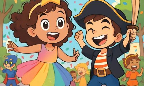 Uma menina de 10 anos, Luísa, com grandes olhos brilhantes e cabelos cacheados castanhos, usa um lindo vestido de tule colorido e uma estrela dourada brilhante na cabeça. Ela dança alegremente, um grande sorriso iluminando seu rosto, cercada por confetes coloridos que caem do céu. Ao seu lado, Miguel, um menino de 10 anos, vestido de pirata com um chapéu preto e uma espada de madeira, ri levantando os braços, pronto para dançar. A cena acontece em uma rua animada, rodeada de árvores verdes, onde faixas coloridas flutuam ao vento. Grupos de crianças em fantasias variadas dançam e se divertem, criando uma atmosfera festiva e alegre. Luísa e Miguel, no centro da festa, dançam juntos, cercados de risadas e música, celebrando o espírito do carnaval com uma energia contagiante e uma alegria radiante.