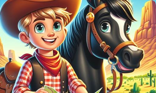 Een jonge cowboy, Billy, een jongen van ongeveer 10 jaar, met een grote cowboyhoed en een rood geruite shirt, glimlacht enthousiast. Zijn stralende ogen tonen zijn opwinding terwijl hij de teugels van zijn paard, Bliksem, een prachtig zwart paard met een glanzende manen, vasthoudt. Naast hem staat Sam, een andere jongen van 10 jaar, met een bril en een kaart in de hand, met een vastberaden uitdrukking. Het landschap is uitgestrekt en zonnig, met gouden heuvels, verspreide groene cactussen en een glinsterende rivier die door het terrein slingert. In de verte rijst de hoge Cactusberg majestueus op onder een helderblauwe lucht met donzige witte wolken. De hoofdscène toont Billy en Sam die hun avontuur plannen om de mysterieuze goudvallei te vinden, hun gezichten verlicht door opwinding en avontuurlijke geest.
