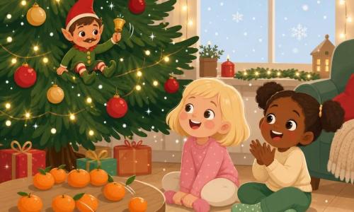 Drie personages: Mila, bijna 3 jaar, kort blonde haar, ronde wangen, roze sokken, links voor de kerstboom zittend en glimlachend naar de rollende mandarijnen; Noor, bijna 3 jaar, bruin haar in staartjes, fonkelende ogen, groene sokken, rechts naast Mila zittend en klappend van vreugde; een klein kerstelfje, ±20 cm, puntmuts rood, groene jas met gouden knopen, ondeugende ogen en dunne snor, op een lage tak van de boom en een belletje luidend. Locatie: warme woonkamer met grote kerstboom versierd met rode en gouden ballen en gele lichtjes, lichte houten vloer, lage tafel met rij rollende oranje mandarijnen, groene kerstkrans aan de muur en raam met lichtblauwe lucht en enkele vlokjes, zacht licht. Situatie: het elfje laat een bel rinkelen waardoor zilveren glitters als kleine sneeuw vallen, mandarijnen rollen als knikkers, de meisjes lachen en wijzen verrast en blij.