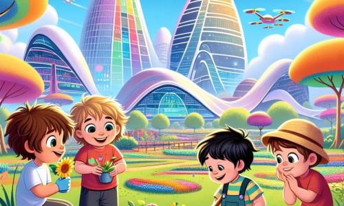Im Vordergrund stehen vier Freunde zusammen in einem futuristischen Park. Leo, ein fünfjähriger Junge mit zerzausten braunen Haaren und funkelnden Augen, lächelt fröhlich und hält eine kleine Schaufel. Neben ihm schaut Max, ein Junge mit blonden Haaren und runden Brillen, auf einen kleinen Baum, den er gerade gepflanzt hat, mit den Händen auf den Hüften. Ben, ein weiterer fünfjähriger Junge mit schwarzen Haaren und einem roten T-Shirt, hockt sich hin, um eine bunte Blume mit einer glänzenden Gießkanne zu gießen. Schließlich steht Tim, ein Junge mit kastanienbraunen Haaren und einem Strohhut, etwas abseits und hält ein buntes Schild mit der Aufschrift "Lasst uns gemeinsam pflanzen!".

Im Hintergrund ist der Park von Glimmerhausen mit futuristischen Gebäuden in organischen Formen und lebhaften Farben gefüllt, die unter einem strahlend blauen Himmel funkeln. Bunte Bäume mit mehrfarbigen Blättern und riesige Blumen umgeben die Kinder, während Familien und Freunde sich versammeln, um an dem großen Pflanztag teilzunehmen. Bunte Drohnen fliegen darüber und verbreiten fröhliche Musik.

Die Hauptsituation zeigt die Kinder und die Bewohner von Glimmerhausen vereint in einem gemeinsamen Bestreben, Bäume und Blumen zu pflanzen, und schafft eine fröhliche und bunte Umgebung, die ihr Engagement für eine bessere Zukunft symbolisiert.