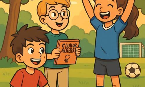 Hay 3 personajes: - Lucas: un niño de 12 años, con el cabello castaño alborotado y ojos brillantes de curiosidad. Lleva una camiseta roja y un pantalón corto azul, y está sentado en la hierba, con una sonrisa decidida en el rostro. - Samuel: un niño de 12 años, con cabello rubio y gafas redondas. Está vestido con una camiseta verde y pantalones beige, y se encuentra de pie junto a Lucas, sosteniendo un cuaderno lleno de notas. - Sofía: una niña de 12 años, con cabello largo y ondulado, recogido en una coleta. Lleva una camiseta de fútbol azul y un pantalón corto negro, y está haciendo un gesto de victoria con los brazos levantados, de pie frente a sus amigos. El lugar es un parque verde, bañado por la luz dorada del sol poniente. Grandes árboles con hojas exuberantes rodean a los niños, y un campo de fútbol es visible al fondo, con un balón sobre la hierba. La situación principal muestra a Lucas, Samuel y Sofía, reunidos para discutir su proyecto del Club de la Igualdad. Intercambian ideas con entusiasmo, sus rostros iluminados por la pasión de hacer un cambio.