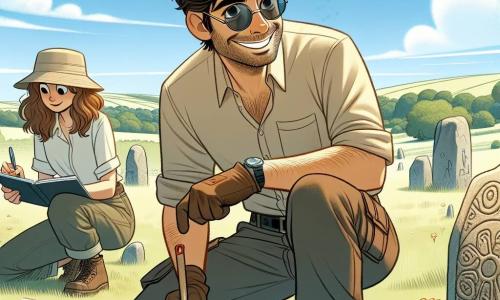 Un hombre arqueólogo, Jaime, está en el centro de la imagen, con cabello castaño ligeramente despeinado y gafas de sol. Sonríe con emoción y sus ojos brillan de curiosidad. Lleva una camisa de manga corta beige, pantalones cargo y botas de senderismo, sosteniendo una pequeña pala en una mano y un broche de metal en la otra, descubriendo un tesoro antiguo. A su lado, su colega Marta, una joven de 25 años con cabello largo y castaño, está inclinada sobre un cuaderno de notas. Lleva un sombrero de sol y una blusa ligera, tomando notas con expresión concentrada. El fondo es un extenso campo verde con flores silvestres y piedras antiguas, bajo un cielo azul con nubes blancas. Se pueden ver colinas suaves y árboles majestuosos a lo lejos, creando una atmósfera pacífica e histórica. La escena principal muestra a Jaime desenterrando un gran menhir adornado con símbolos celtas, mientras Marta toma notas sobre los hallazgos. La emoción y curiosidad se reflejan en sus rostros, ilustrando su pasión por la arqueología y el descubrimiento de los misterios del pasado.