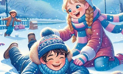 Un niño de 9 años, Lorenzo, con el cabello castaño despeinado y mejillas rosadas, está tumbado en la nieve, riendo a carcajadas mientras hace un ángel de nieve. Lleva un grueso abrigo azul, un gorro a juego y guantes de colores, con los ojos brillando de alegría. A su lado, su mejor amiga Carla, una niña de 9 años con trenzas rubias y una sonrisa radiante, lo observa riendo, sosteniendo una bola de nieve lista para lanzar. Ella viste una chaqueta rosa brillante y una bufanda a rayas, añadiendo un toque de color a la escena invernal. El decorado es un parque encantado, cubierto de una espesa capa de nieve brillante bajo un cielo azul claro, con majestuosos árboles cuyas ramas están cargadas de nieve, creando una atmósfera mágica y alegre. La situación principal muestra a Lorenzo y Carla jugando en la nieve, rodeados de copos que caen suavemente, capturando el espíritu del invierno y la magia de la infancia.