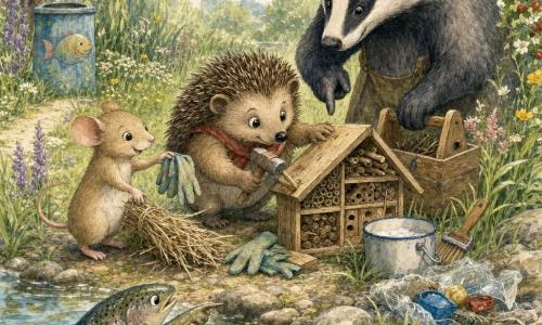 A small anthropomorphic hedgehog (Hugo) with a round face, bright eyes and brown spines, wearing a light red scarf and holding a small wooden hammer, is pushing reeds into a wooden box to build an insect hotel while crouched on a grassy riverbank; a large striped gray-black badger (Old Bea) with a calm smile stands behind him holding an oak toolbox and gently pointing where to place twigs; a slim lively field mouse (Millie) with pale beige fur and a busy smile stands left of Hugo offering fabric gloves and placing a bundle of straw; a little trout (Teo) with silvery spots peeks from clear water and points with a fin at an empty bottle stuck among stones in the foreground river; the scene is a meadow riverbank with willows and hawthorn in the background, tall grasses, multicolored wildflowers, wet gleaming stones, a small painted trash bin with a smiling fish near the path, and a partly clear water surface with floating leaves; they are calmly cooperating to build the insect hotel and clean the bank, with reeds, straw, a wooden box, gloves, a brush and soap bucket nearby and a small pile of collected plastic, in a bright, peaceful atmosphere.