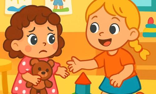 Una bambina di 2 anni, con grandi occhi brillanti e capelli ricci, indossa un vestito rosa a pois bianchi. Ha un'espressione curiosa e un po' spaventata, tenendo saldamente il suo orsetto di peluche. Accanto a lei, un'altra bambina di 3 anni, con capelli biondi intrecciati e un sorriso splendente, le tende la mano per invitarla a giocare. Si trovano in un'aula luminosa, piena di muri colorati, disegni di bambini e giocattoli sparsi sul pavimento. Al centro della stanza, le due bambine stanno costruendo una torre di blocchi colorati, circondate da risate e giochi, mentre Anna, la bambina di 2 anni, è ancora indecisa se lanciarsi nell'avventura.
