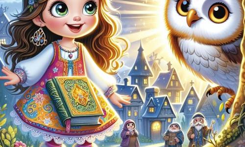 Al centro dell'immagine, c'è una ragazza di 8 anni di nome Sofia, con lunghi capelli castani ondulati e occhi pieni di curiosità, che si trova davanti a una tenda aperta, un sorriso radioso illumina il suo viso. Indossa un vestito colorato decorato con fiori e tiene un libro antico tra le mani, i suoi occhi brillano di meraviglia. A destra, un vecchio gufo saggio, con piumaggio argentato e occhi rotondi e saggi, è posato su un ramo, osservando Sofia con aria benevola. Sullo sfondo, il Villaggio delle Ombre si svela, con case scure e abitanti dai volti tristi, che emergono lentamente dalle ombre per scoprire la luce. La scena principale mostra Sofia che apre la tenda, lasciando entrare un raggio di luce dorata che danza attorno a lei, mentre gli abitanti del villaggio, inizialmente esitanti, cominciano a uscire dalle loro case, affascinati dalla bellezza del mondo esterno.