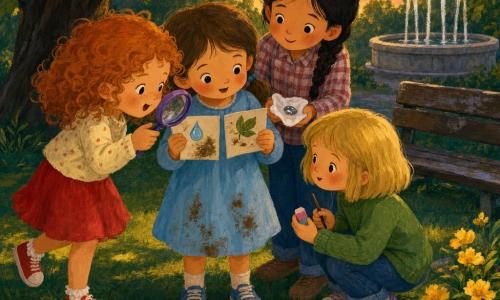 Ci sono quattro bambine di circa 5 anni: Lila, castana con due codini e un vestito azzurro sporco di terra, in piedi al centro sinistra con due carte antiche piegate aperte; Nora, bionda a caschetto col maglione verde, accovacciata a destra con una gomma e una matita che guarda le carte; Pina, rossa e riccia con gonna rossa, salta in punta di piedi a sinistra con una lente di plastica e uno sguardo meravigliato; Dada, mora con treccia e camicia a quadri, è dietro di loro con un piccolo foulard bianco e una pietra lucente sopra. Siamo in un parco della scuola al crepuscolo dipinto a guazzo: erba verde texturizzata, un grande castagno a sinistra, una fontana rotonda a destra con tre sottili getti, un vecchio banco e qualche fiore giallo; le bambine confrontano due carte, una ingiallita e una più nitida, le mani si avvicinano, la lente indica una piccola goccia disegnata, la pietra brilla sul foulard, atmosfera curiosa e complice con colori caldi e tratti larghi.