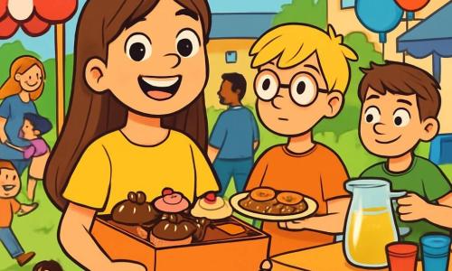 A 10-year-old girl named Lily, with long brown hair and sparkling curious eyes, joyfully smiles while holding a box filled with delicious cakes. She wears a bright yellow t-shirt and a denim skirt, and her face radiates excitement and determination. Next to her, a 10-year-old boy named Max, with messy blonde hair and round glasses, holds a plate of cookies, focused on the approaching crowd. Another friend, Sam, a 9-year-old boy with brown hair and a mischievous smile, pours lemonade into colorful plastic cups, standing behind a table decorated with garlands. 

The scene takes place in a lively schoolyard filled with colorful stands, floating balloons, and smiling families. Children run around while parents chat happily, creating a festive and warm atmosphere. 

Lily and her friends are organizing a bake sale to help families in need, surrounded by people enthusiastically buying their delicious creations, bringing a sense of solidarity and joy.