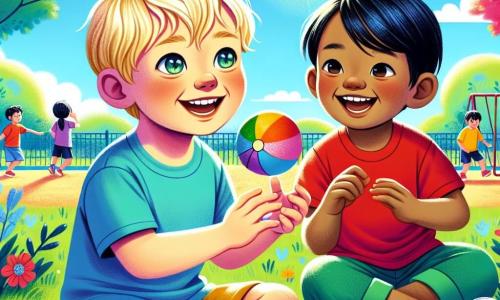 Un băiat de 4 ani, Alex, cu părul blond și ochii strălucitori de curiozitate, zâmbește vesel în timp ce aruncă o minge mică colorată. Poartă un tricou albastru și pantaloni scurți, stând într-un parc însorit, înconjurat de verdeață. Lângă el se află Aki, un alt băiat de 4 ani, cu părul negru lucios și ochi migdalați, care râde încercând să prindă mingea. Aki poartă un tricou roșu și un șort verde, fiind ușor retras, pregătit să sară pentru a prinde mingea. Locul este un parc de joacă vibrant, cu copaci înfloriți, leagăne colorate și un cer albastru deschis presărat cu nori albi pufoși. Situația principală arată cum Alex și Aki se joacă împreună, ilustrând prietenia lor în devenire și bucuria de a împărtăși momente împreună, în ciuda diferențelor culturale.