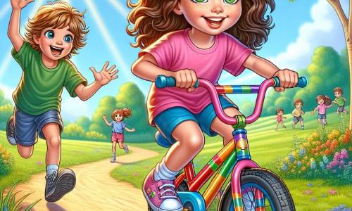 Dwunastoletnia dziewczynka, Zosia, z kręconymi brązowymi włosami i błyszczącymi oczami pełnymi determinacji, entuzjastycznie pedałuje na swoim kolorowym rowerze, z promiennym uśmiechem na twarzy. Ma na sobie jaskraworóżowy t-shirt i niebieskie szorty, a jej kolana są lekko zadrapane, co świadczy o jej wysiłkach w nauce jazdy na rowerze. Obok niej biega jedenastoletni chłopiec, Tomek, z rozczochranymi blond włosami i zielonym t-shirtem, który ją zachęca, podnosząc ręce, pełen energii i radości. W tle widać słoneczny, zielony park z majestatycznymi drzewami, kolorowymi kwiatami i wijącą się ścieżką przez trawę. Inne dzieci bawią się w oddali, co dodaje radosnej i dynamicznej atmosfery. Scena pokazuje, jak Zosia pokonuje swój strach, skupiona na równowadze, podczas gdy Tomek entuzjastycznie ją wspiera, ilustrując temat przyjaźni i wytrwałości w sporcie.