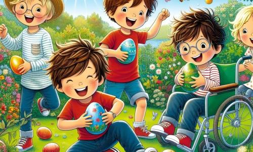 In a sunny garden, four boys are on an Easter egg hunt. Max, an 8-year-old with messy brown hair and a red t-shirt, is crouched by a bush, holding a shiny blue egg. Next to him, Leo, a 7-year-old with blond hair and round glasses, jumps for joy upon finding a yellow egg hidden under a flower. Ben, a 6-year-old with brown hair and a straw hat, is running toward a tree with a big smile, holding a pink egg. Finally, Sam, a 9-year-old in a wheelchair, smiles widely as he looks at his friends, holding a decorated green egg on his lap. The garden is filled with colorful flowers, fluttering butterflies, and sparkling Easter decorations hanging from the trees. The sky is bright blue, and the sun shines joyfully, creating a festive atmosphere. The four friends are searching for hidden eggs, laughing and encouraging each other in a spirit of joy and friendship, ready to discover the surprises Easter has in store for them.