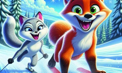 A clever young fox named Felix, with bright orange fur and sparkling curious eyes, joyfully glides on skis through a snowy landscape, wearing a wide smile of excitement. Beside him, a dynamic vixen, Luna, with silver fur and determined bright eyes, encourages him with an enthusiastic look, ready to support him in their race. The setting is a vast snowy meadow surrounded by majestic snow-covered fir trees, under a clear blue sky dotted with light clouds. The scene captures the energy of a friendly competition, with snowflakes swirling around them as they race down the slope, filled with joy and adrenaline.
