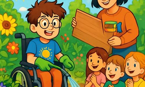 A 10-year-old boy named Theo is sitting in his wheelchair, with messy brown hair and round glasses. He has a big smile on his face, showing his determination and joy. He is wearing a blue t-shirt with a sun design and green gardening gloves. Next to him, a woman in her thirties, librarian Mr. Perez, is moving a large wooden board. She has black hair and is wearing a sweater with knitted books. They are in a vibrant community garden filled with colorful flowers and vegetables. The sky is blue with a few white clouds, and the sun is shining on the green leaves. The main scene shows Theo tending to the plants, gently watering the soil with a hose, while a small group of children watches him with admiration, creating an atmosphere of camaraderie and support.