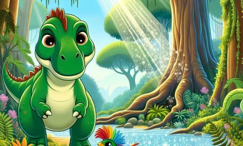 Un Tyrannosaurus Rex llamado Tito, con una piel verde brillante y ojos llenos de curiosidad, está al borde de un gran río, observando atentamente un tronco de árbol que bloquea el paso. Tito tiene una expresión decidida, con sus pequeños brazos musculosos levantados, listo para empujar el tronco. A su lado, su hermano Dino, un joven velociraptor con plumas coloridas y ojos brillantes, lo observa con admiración, con las patas ligeramente flexionadas, listo para ayudar a su hermano mayor. La escena transcurre en una jungla exuberante, llena de grandes helechos, flores brillantes y árboles altos, con rayos de sol atravesando el denso follaje. Al fondo, el río brilla bajo la luz, añadiendo un toque de magia al entorno. La situación principal muestra a Tito empujando el tronco con todas sus fuerzas, mientras Dino lo anima, creando una atmósfera de camaradería y aventura en esta hermosa jungla prehistórica.